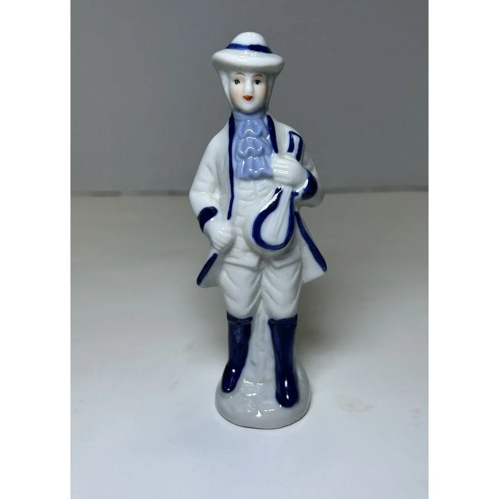 Vintage Victorian/Colonial Porcelain Man Playing Instrument Figurine White/Blue